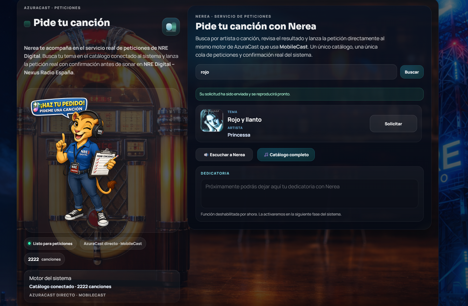 Nerea mostrando la petición de Rojo y Llanto de Princessa en NRE Digital