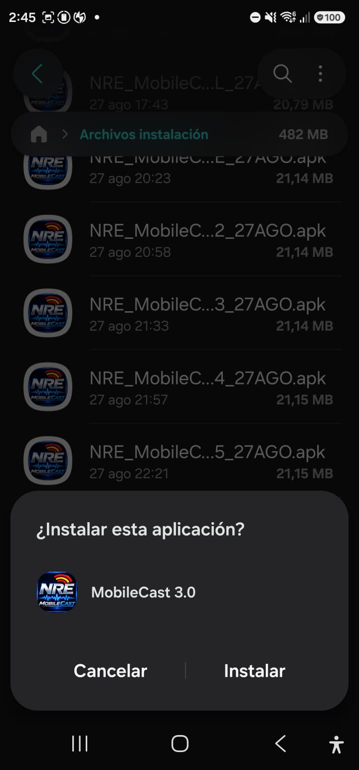 Android pregunta si se quiere instalar NRE MobileCast 3.5 Release Candidate