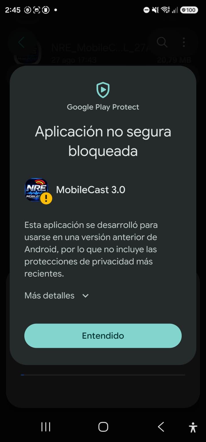 Aviso de Google Play Protect sobre NRE MobileCast 3.5 Release Candidate