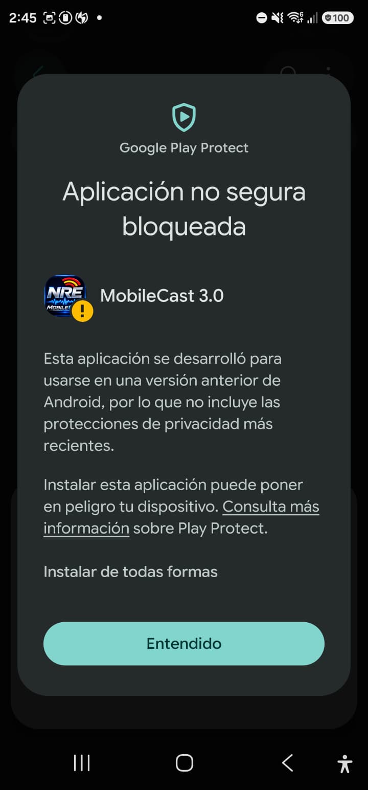 Play Protect mostrando la opción Instalar de todas formas