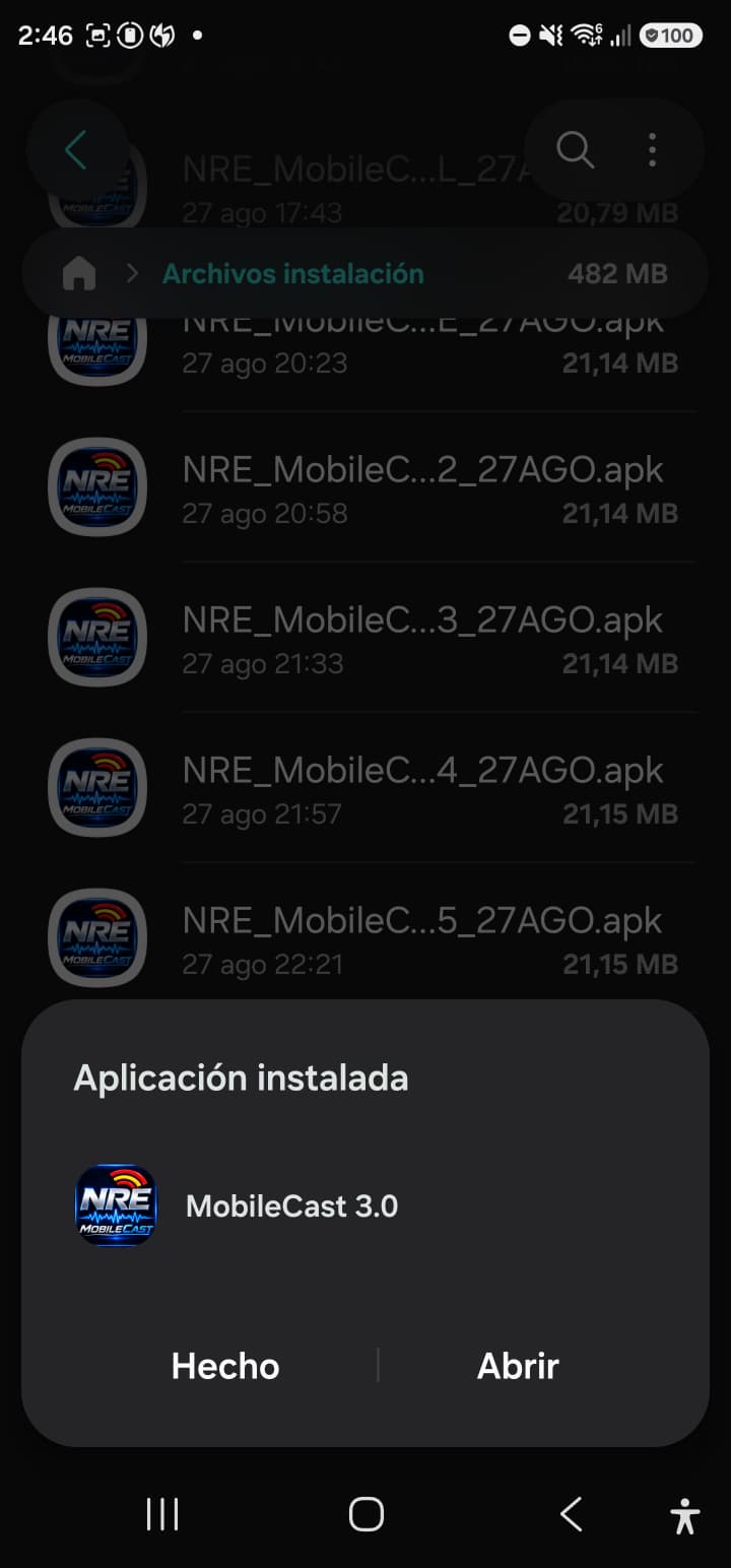 NRE MobileCast 3.5 Release Candidate instalada correctamente con botones Hecho y Abrir