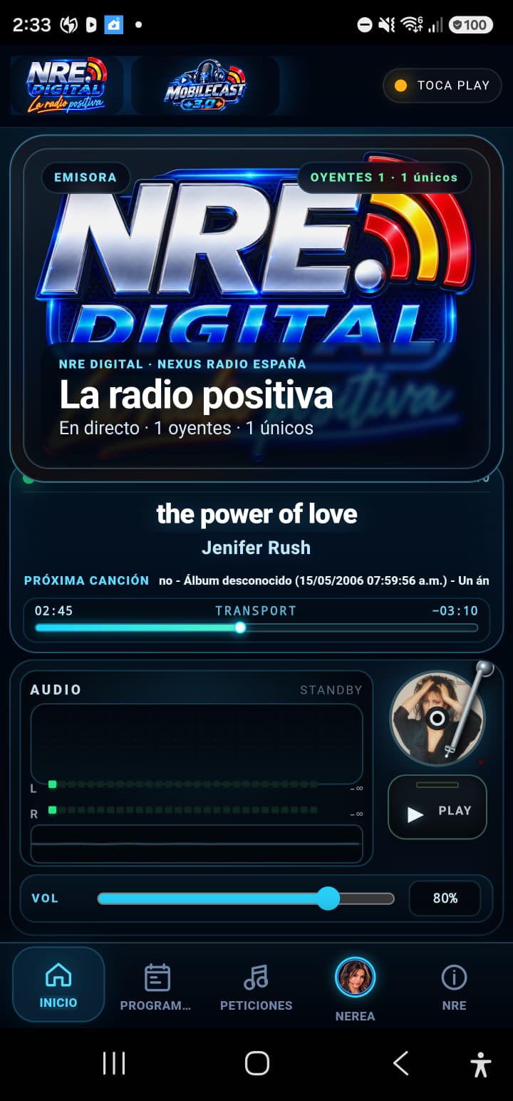 NRE MobileCast 3.5 Release Candidate · pantalla Inicio