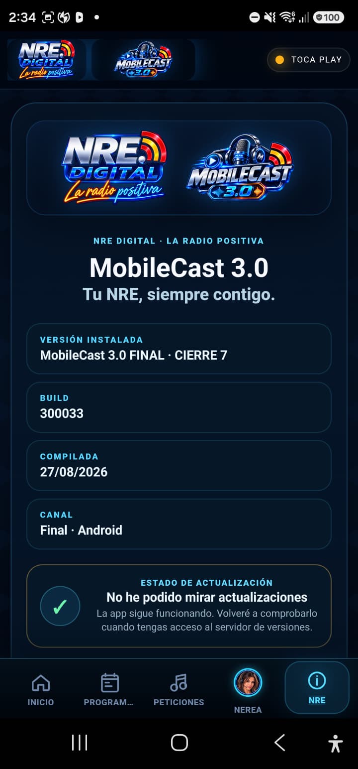 NRE MobileCast 3.5 Release Candidate · Información NRE